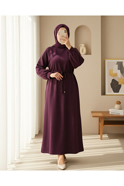 Modamorfo Round Neck Belted Long Combed Cotton Dress - Plum
