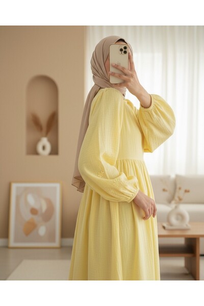 Modamorfo Muslin Dress with Bow Detail on the Front and Elastic Sleeves - Yellow