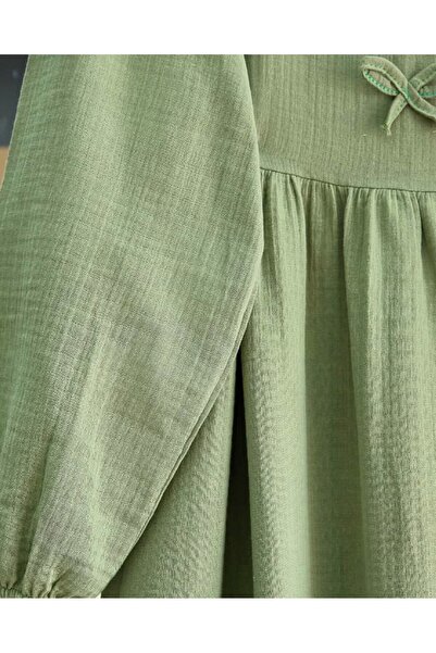 Modamorfo Muslin Dress with Bow Detail on the Front and Elastic Sleeves - Çağla Y.