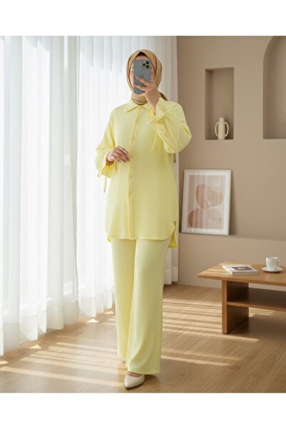 Modamorfo Top Buttoned Sleeve Lace-Up Crinkle Suit - Light Yellow