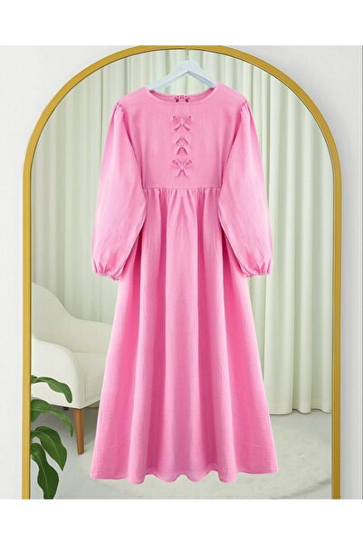 Modamorfo Muslin Dress with Bow Detail on the Front and Elastic Sleeves - Pink