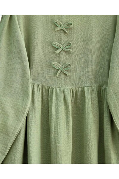 Modamorfo Muslin Dress with Bow Detail on the Front and Elastic Sleeves - Çağla Y.