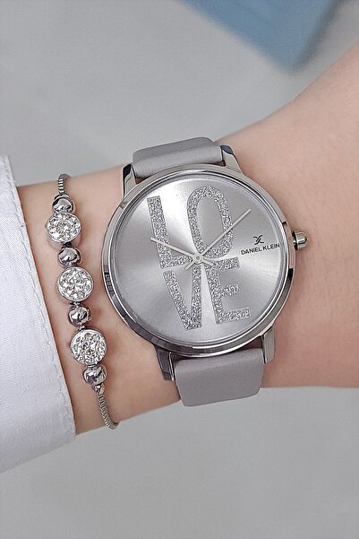 Daniel Klein Gri Deri Kayışlı Kadın Kol Saati + Zirkon Taşlı Bileklik