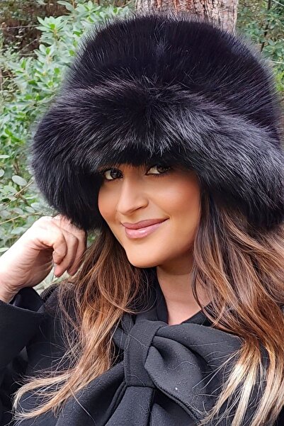 Mağazam Online قبعة دلو نسائية فاخرة من الفرو الصناعي للشتاء - أسود