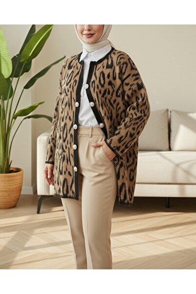 Modamorfo Fleece-Lined Leopard Patterned Soft Knit Cardigan - Mink