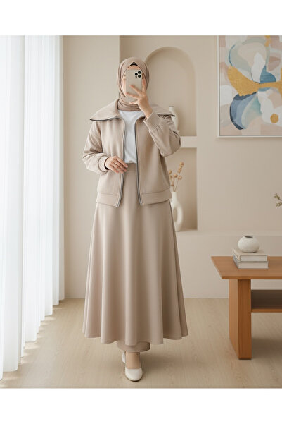 Modamorfo Front Zippered High Neck Stone Detailed Scuba Suit - Beige