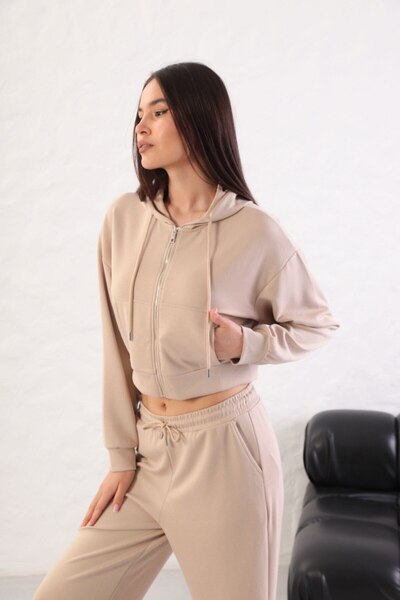 YusGos Women's Long Sleeve Zippered Modal Fabric Pocketed Hooded Crop Beige L