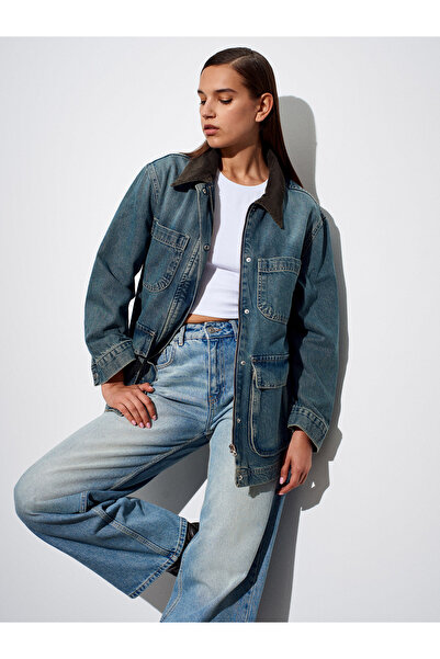 Dilvin 65381 100% Cotton Velvet Collar Denim Jacket-Tint