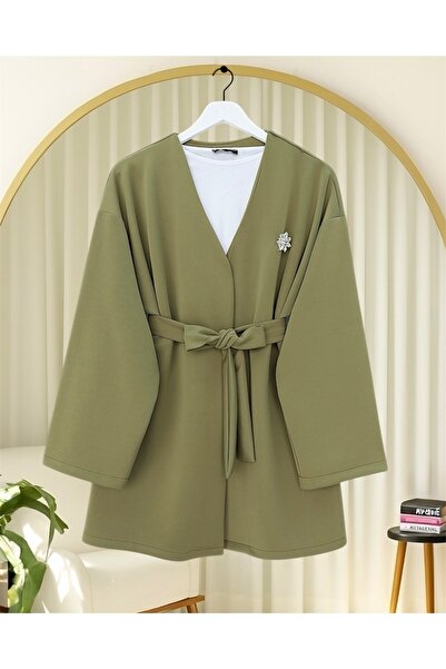 Modamorfo Μπουφάν κατάδυσης με λεπτομέρεια καρφίτσας και ζώνη στη μέση - Ελιά