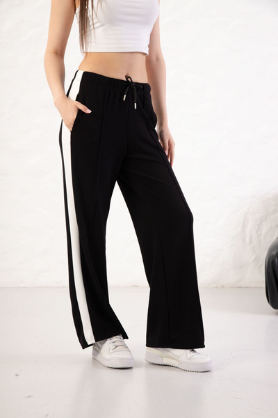 YusGos Women's Soft Textured Modal Fabric Side Stripe Wide Leg Palazzo Pants Black