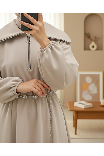 Modamorfo High-Necked Half-Zippered Gathered Waist Belted Scuba Dress - Beige