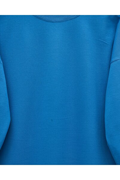 Modamorfo Round Neck Skirt Bow Detailed Loose Combed Cotton Tunic -Blue