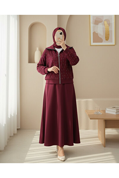 Modamorfo Zippered Front High Neck Stone Detailed Scuba Suit - Burgundy