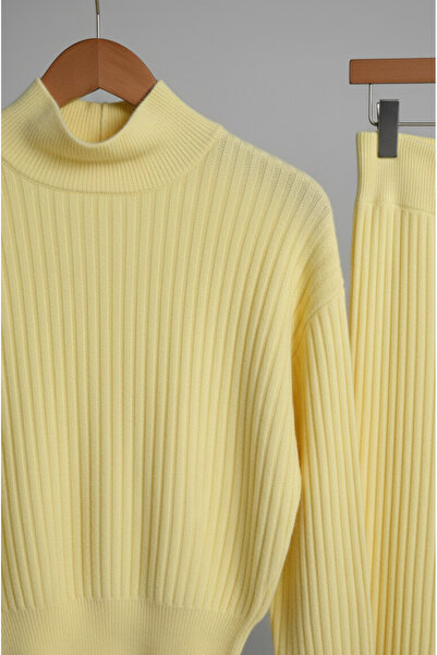 YusGos Women's Half Fisherman Knit Crop Sweater Pants Knitwear Top and Bottom Set Yellow