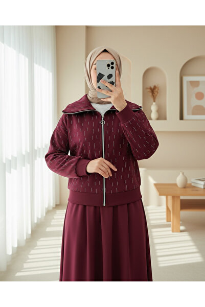 Modamorfo Zippered Front High Neck Stone Detailed Scuba Suit - Burgundy