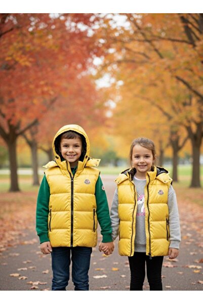 YusGos Unisex Baby Girl/Boy Waterproof Zippered Hooded Pocket Inflatable Padded Vest (2-15 Years) Yellow