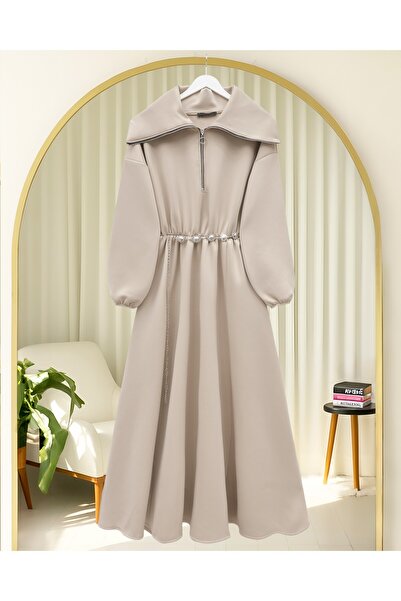 Modamorfo High-Necked Half-Zippered Gathered Waist Belted Scuba Dress - Beige