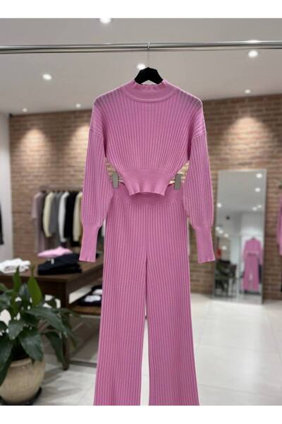 YusGos Women's Half Fisherman Knit Crop Sweater Pants Knitwear Top and Bottom Set Pink m