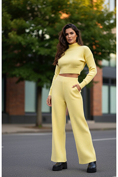 YusGos Women's Half Fisherman Knit Crop Sweater Pants Knitwear Top and Bottom Set Yellow