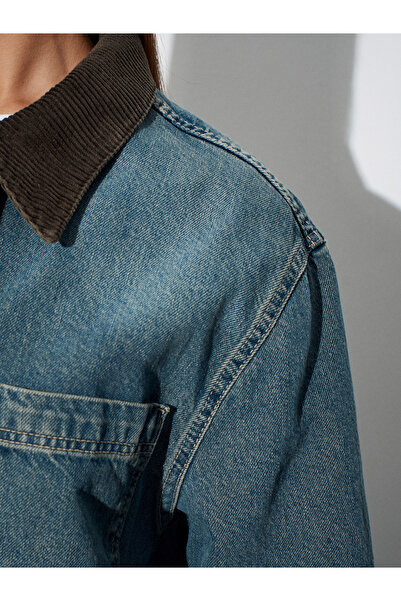 Dilvin 65381 100% Cotton Velvet Collar Denim Jacket-Tint