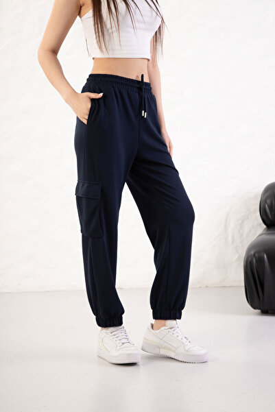 YusGos Women's Soft Textured Modal Fabric Pocket Detailed Elastic Leg Cargo Pants Navy Blue