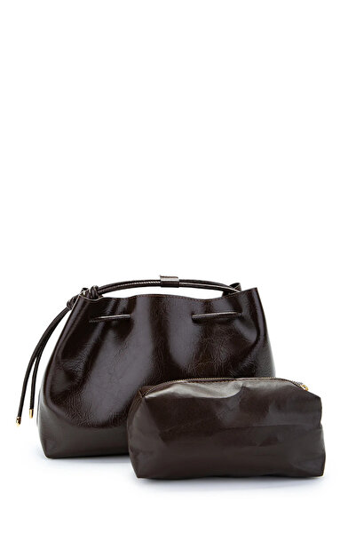 Melos Butik Γυναικεία τσάντα χεριού και ώμου από δέρμα με κορδόνι σε καφέ χρώ...