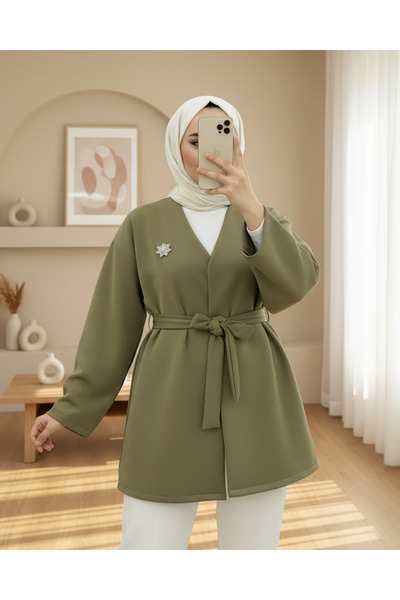 Modamorfo Μπουφάν κατάδυσης με λεπτομέρεια καρφίτσας και ζώνη στη μέση - Ελιά