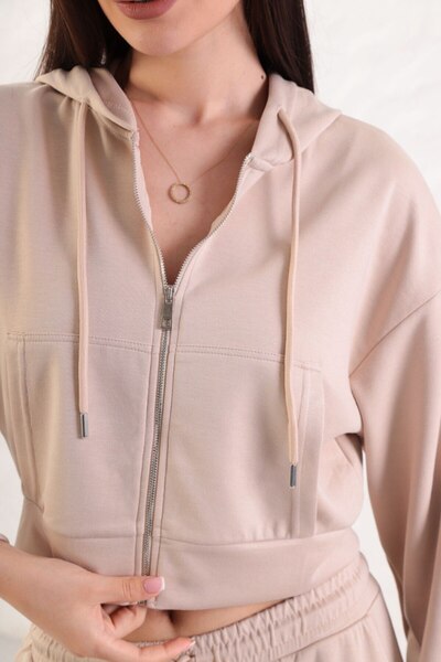 YusGos Women's Long Sleeve Zippered Modal Fabric Pocketed Hooded Crop Beige L