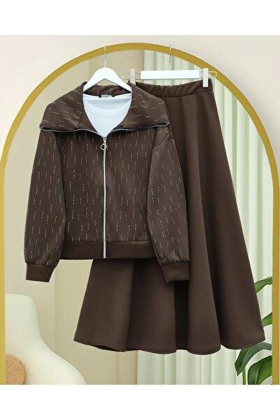 Modamorfo Front Zippered High Neck Stone Detailed Scuba Suit - Brown