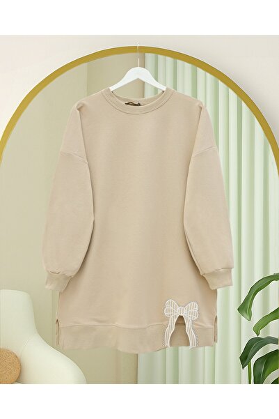 Modamorfo Round Neck Skirt Bow Detailed Loose Combed Cotton Tunic - Beige