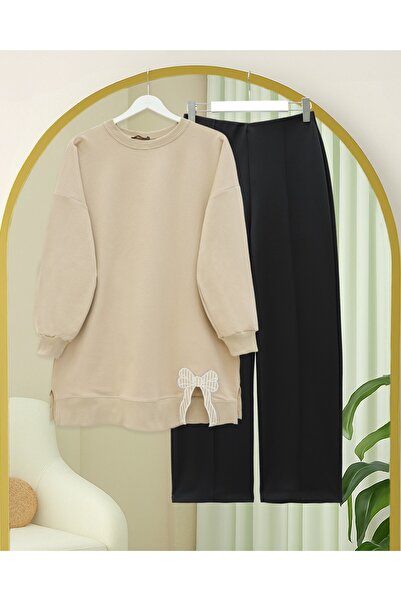 Modamorfo Round Neck Skirt Bow Detailed Loose Combed Cotton Tunic - Beige