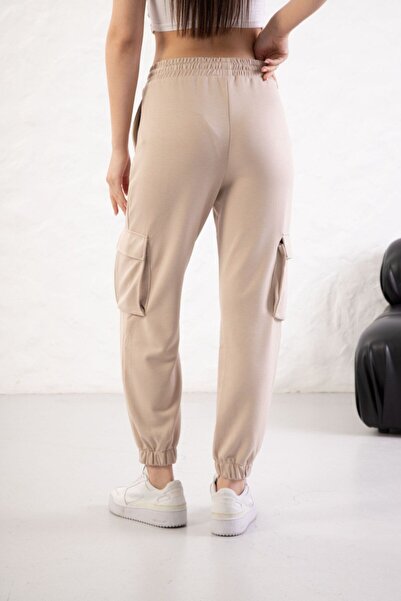 YusGos Women's Soft Textured Modal Fabric Pocket Detailed Elastic Leg Cargo Pants Beige S