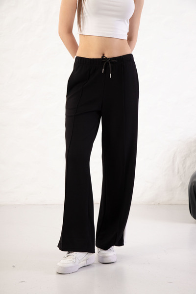 YusGos Women's Soft Textured Modal Fabric Side Stripe Wide Leg Palazzo Pants Black