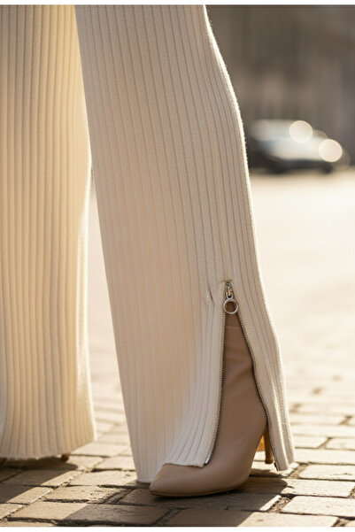 YusGos Women's Corded Fabric Collar Zippered Leggings with Zipper Slit Knitwear Set Ecru Cream m