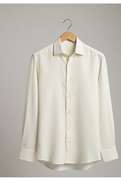 YusGos Long Sleeve Cotton Easy Iron Thick Muslin Linen Regular Fit Premium Men's Shirt Cream L