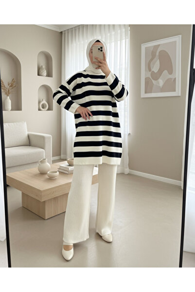 Modamorfo Tunica tricotată cu dungi laterale guler rotund -Negru