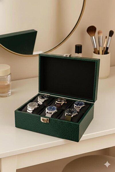 Kelepir Fırsatlar Yeşil Timsah Deri 6 Bölmeli Saat Kutusu – Modern ve Zarif T...