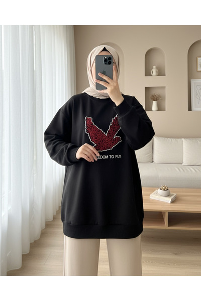 Modamorfo Bird Printed Rose Gold Crew Neck Sweat