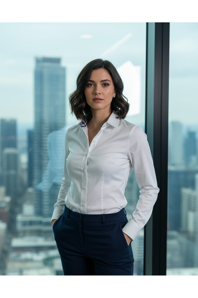 YusGos Women's Long Sleeve Easy Iron Cotton Satin Regular Plaid Detailed High Quality Premium Office Shirt