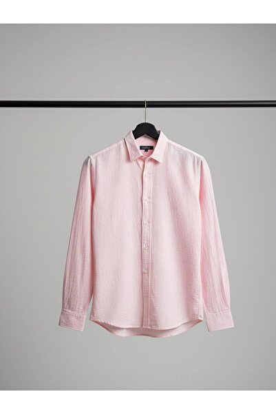 YusGos Long Sleeve Cotton Easy Iron Muslin Regular Fit Premium Men's Shirt Pink XL