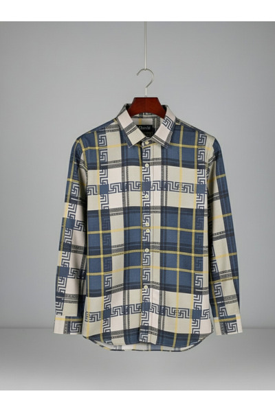 YusGos Long Sleeve Cotton Easy-Iron Retro Pattern Regular Fit Premium Personality Men's Shirt Cream m