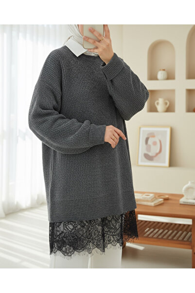 Modamorfo Pulover din tricot cu detaliu din dantelă - afumat