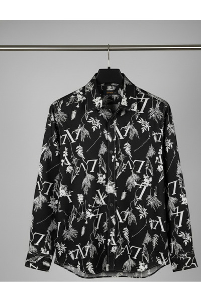 YusGos Long Sleeve Cotton Easy-Iron Leaf Pattern Regular Fit Premium Men's Shirt Black m