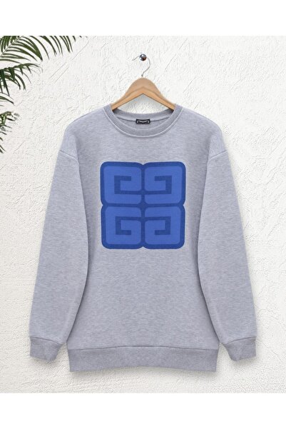 Modamorfo Crew Neck Letter Printed Raised Sweat - Gray