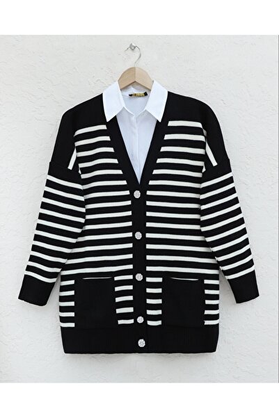 Modamorfo Double Pocket Striped Knit Cardigan -Black
