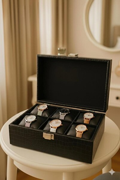 Kelepir Fırsatlar Siyah Timsah Deri 6 Bölmeli Saat Kutusu – Şık ve Zarif Tasa...