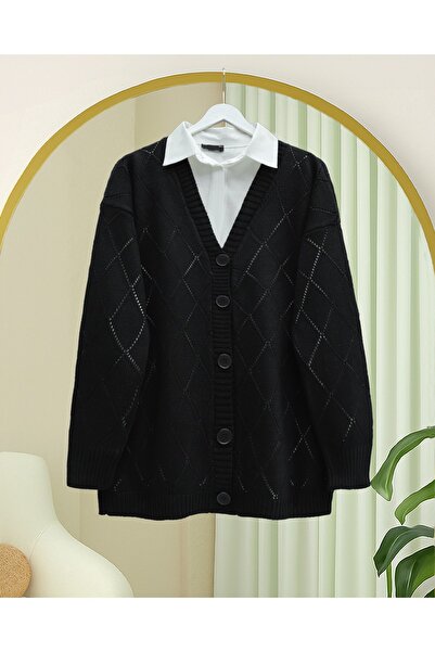 Modamorfo Lace-Like Knit Diamond Patterned Knitwear Cardigan -Black