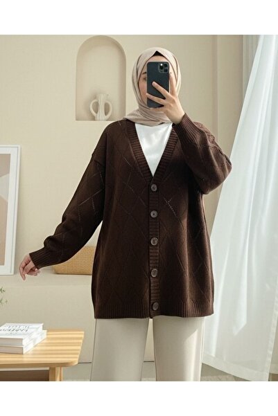 Modamorfo Lace-Like Knit Diamond Patterned Knitwear Cardigan - Brown