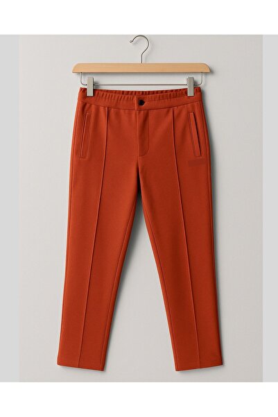 YusGos Cotton Fabric Embossed Striped (piped) Buttoned Basic Comfortable Cut Trousers Orange XL