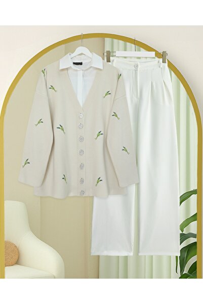 Modamorfo Stone Buttoned Branch Patterned Knitwear Cardigan - Cream